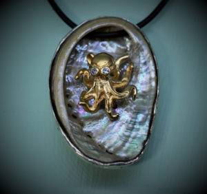 Squid in Abalone shell - pendant